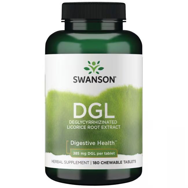 Grüne Flasche mit weißem Etikett. Aufschrift: SWANSON DGL, Deglycyrrhizinierter Süßholzwurzelextrakt. 385 mg pro Tablette. 180 Tabletten.