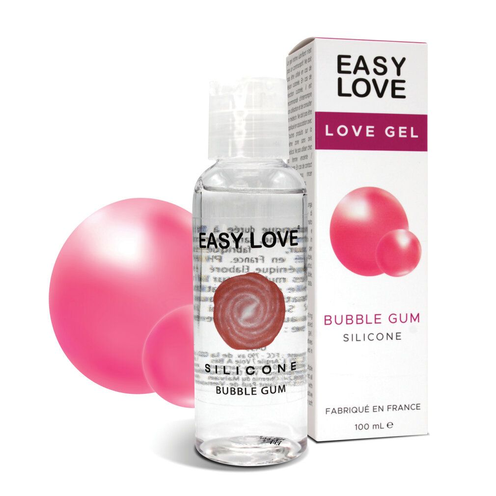 Klare Flasche mit "Easy Love Love Gel"-Aufdruck. Daneben Karton mit Produktname und rosa Kugeln. "Bubble Gum"-Text.