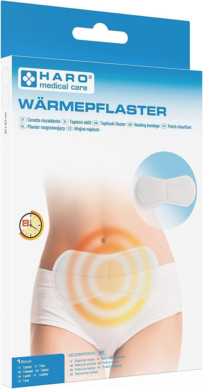 Verpackung mit Wärmepflaster. Aufdruck: Haro medical care. Abbildung: Pflaster auf Bauch, mit Wärme-Effekt. Mehrsprachige Produktbezeichnungen.