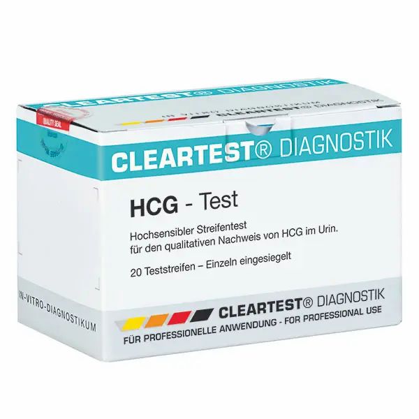 Verpackung von Cleartest HCG Schwangerschafts-Test. Weißer Karton mit blauer und schwarzer Schrift. Aufschrift: Cleartest Diagnostik, HCG-Test.