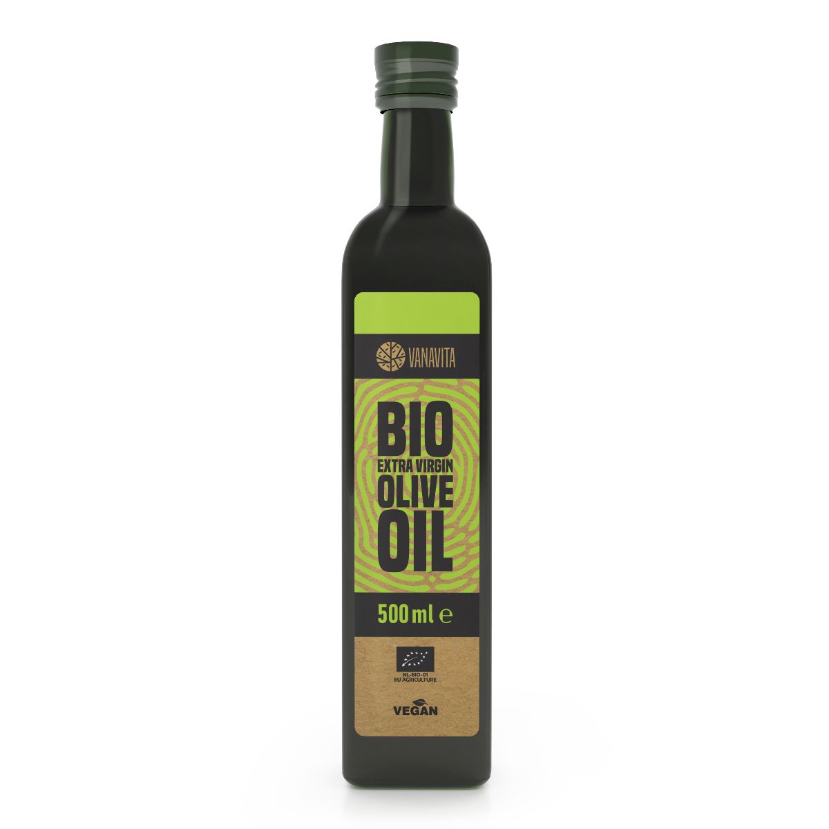 Dunkle Glasflasche mit grünem Etikett für natives Bio-Olivenöl Extra, 500 ml. Bio- und Vegan-Siegel sichtbar.