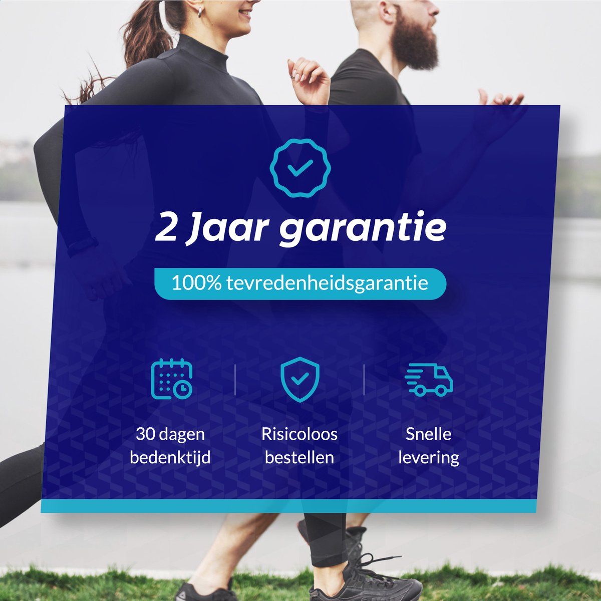 Blaues Banner mit Text: 2 Jahre Garantie, 100% Zufriedenheitsgarantie. Icons: Kalender, Schild, LKW.