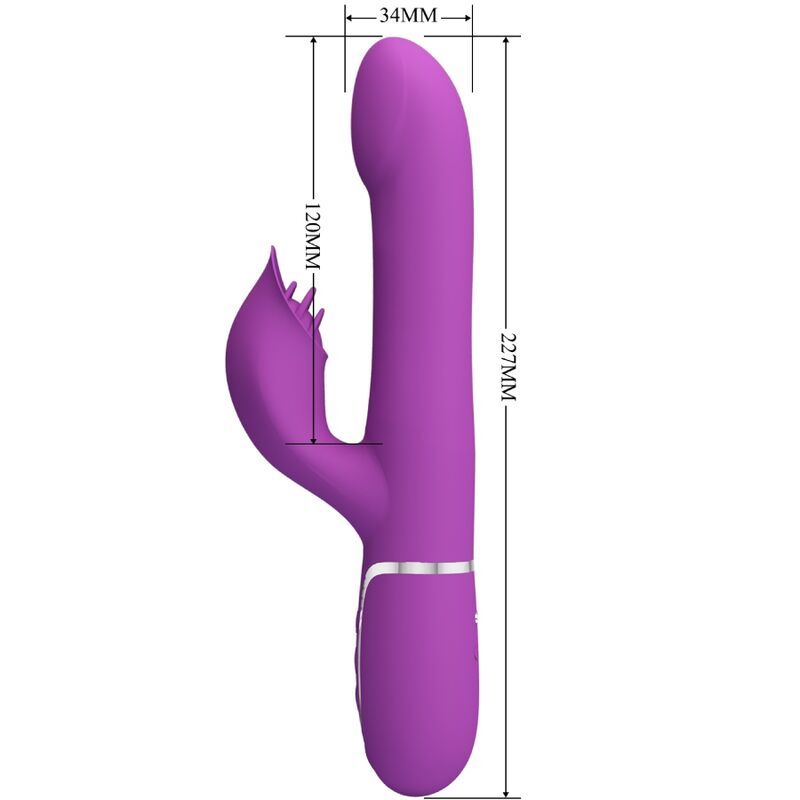 Lila Kaninchen-Vibrator mit Maßen: 227mm Länge, 120mm Ohrlänge, 34mm Breite.