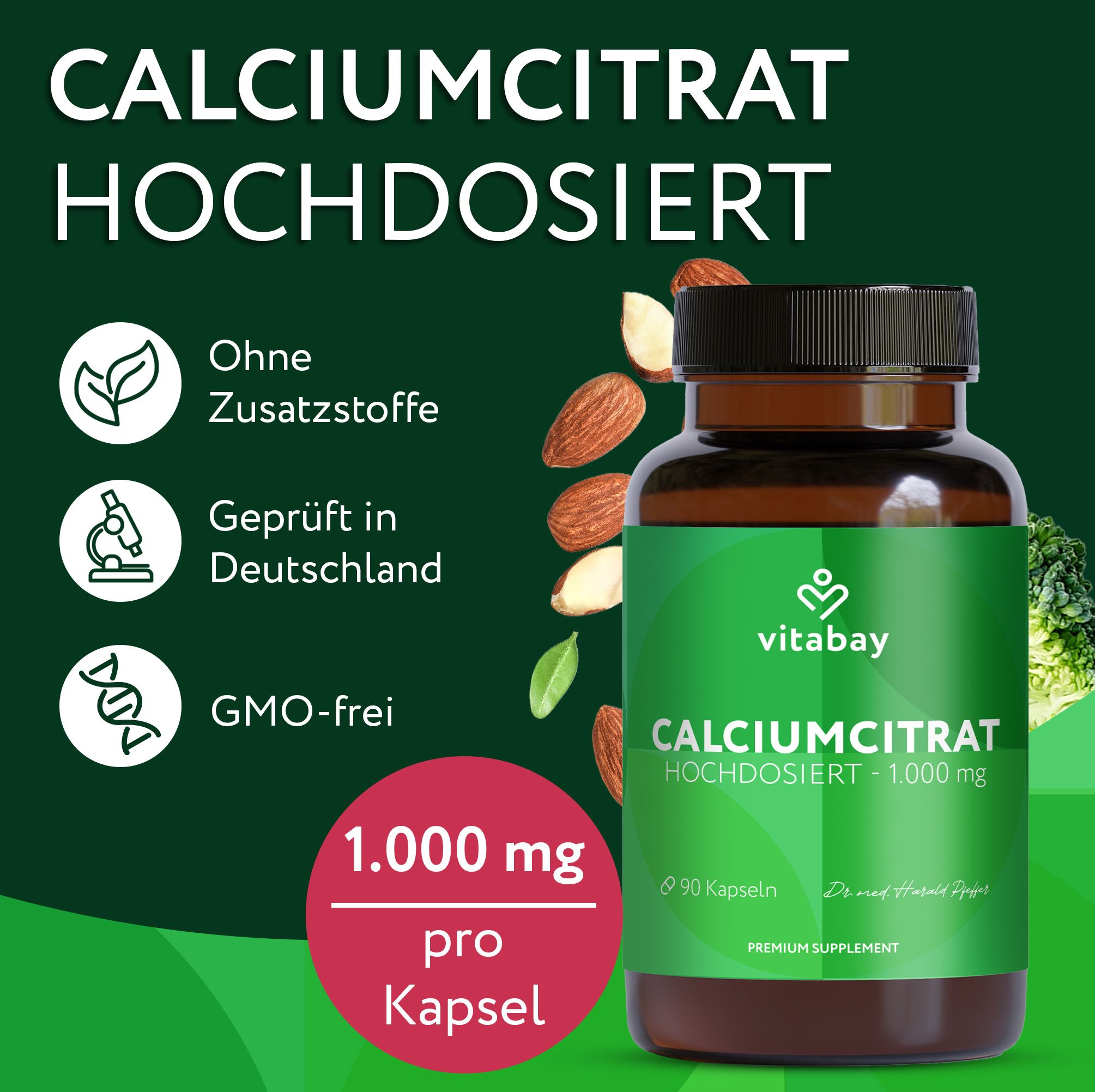 Braune Glasflasche mit grüner Beschriftung. Text: Calciumcitrat hochdosiert 1.000 mg. 90 Kapseln. Vitabay Logo. 1.000 mg pro Kapsel.