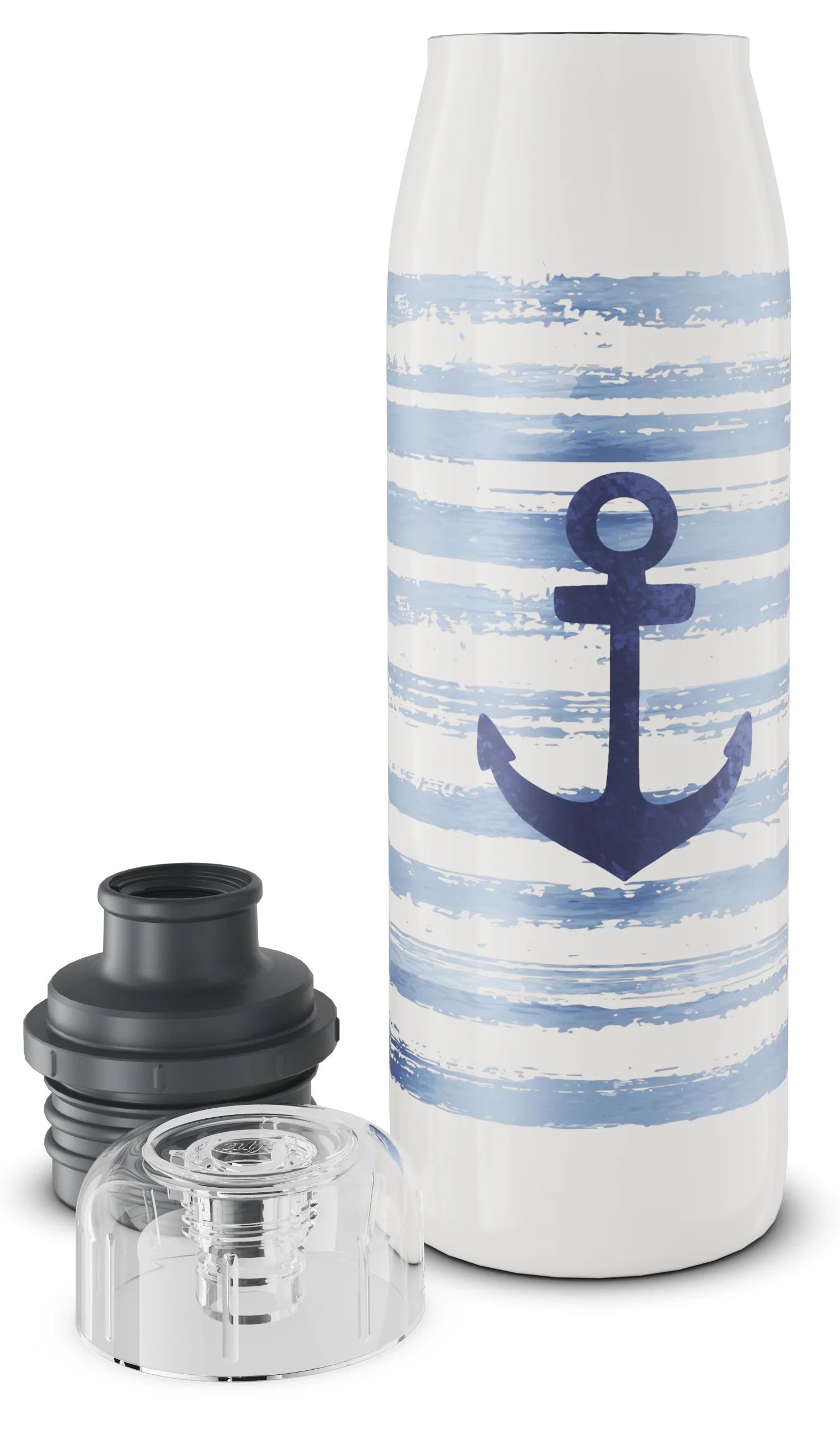 Weiße Trinkflasche mit blauem Anker und Streifen, zerlegter Deckel daneben.