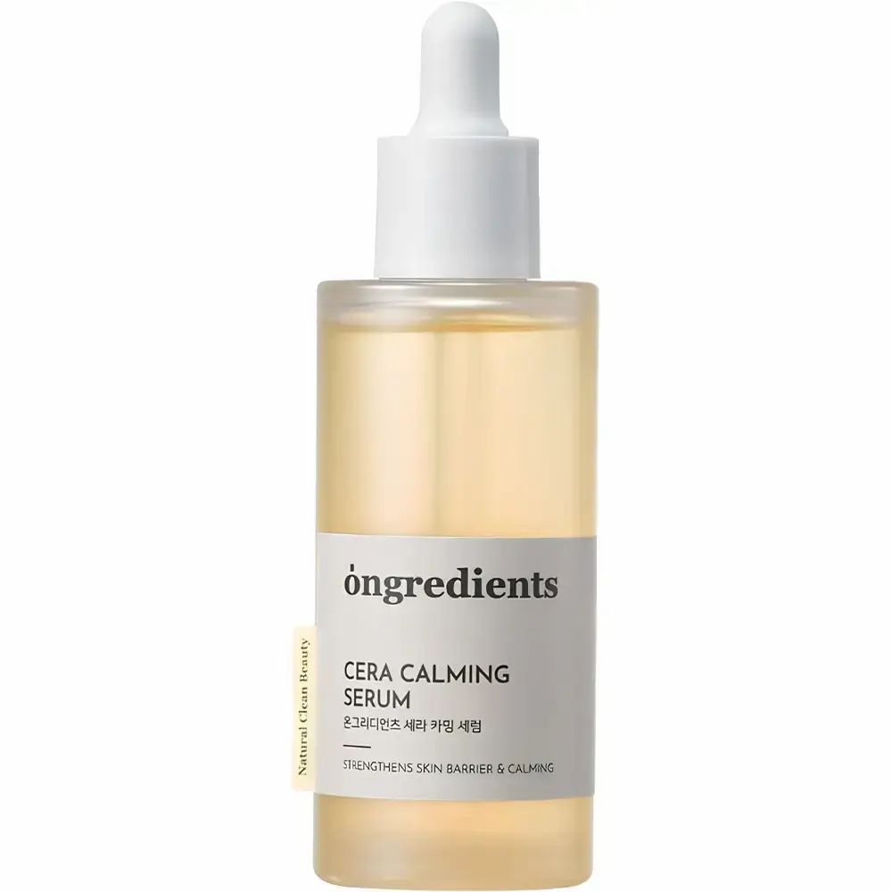 Gesichtspflegeserum mit Pipette. Aufschrift: Ongredients, Cera Calming Serum. Gelbe Flüssigkeit in einer transparenten Flasche.