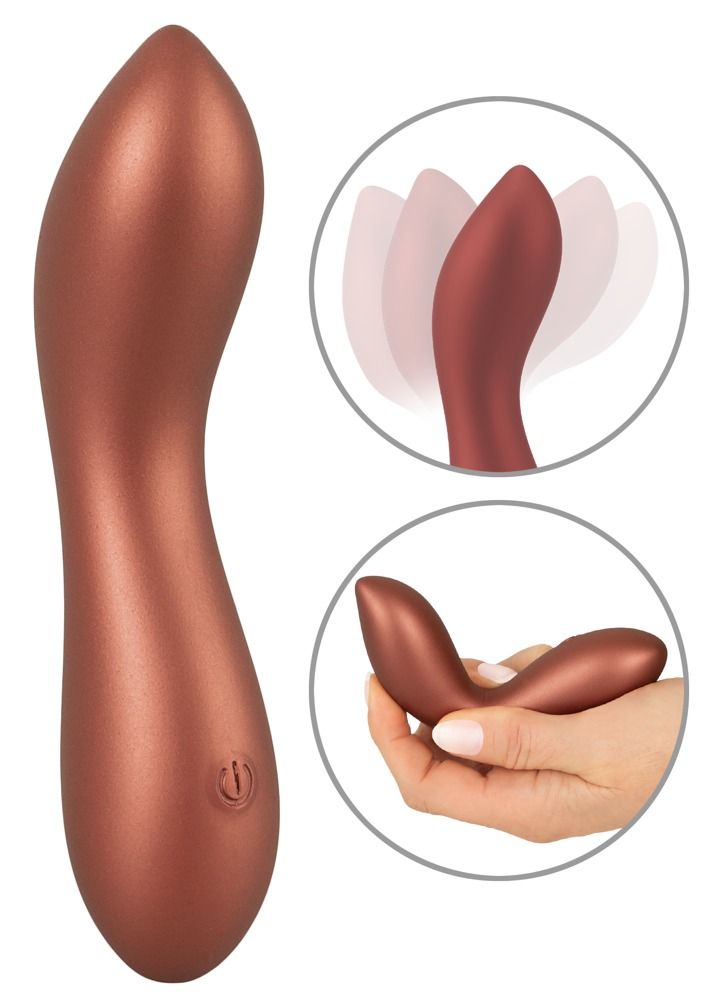 Ein gebogener, roter G-Punkt-Vibrator mit glatter Oberfläche und einem Power-Button.