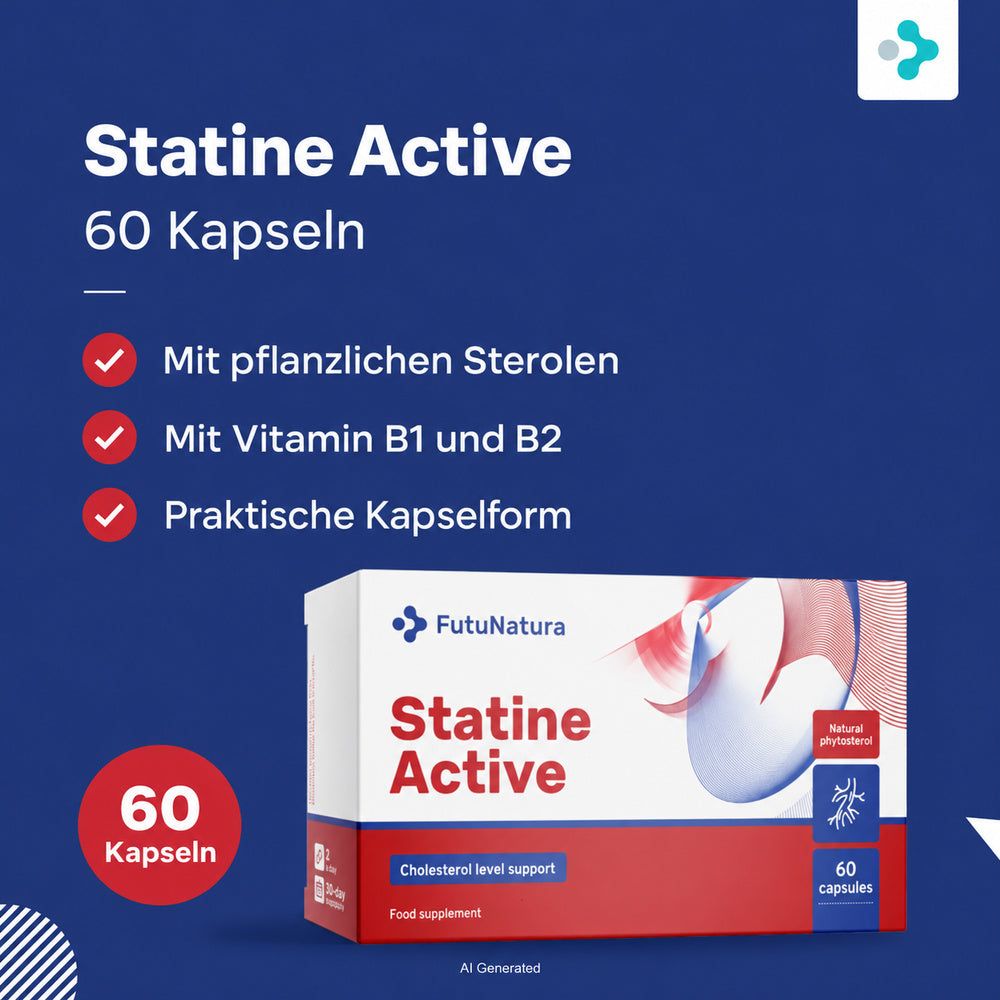 Verpackung von Statine Active, 60 Kapseln. Enthält pflanzliche Sterole, Vitamin B1 und B2.