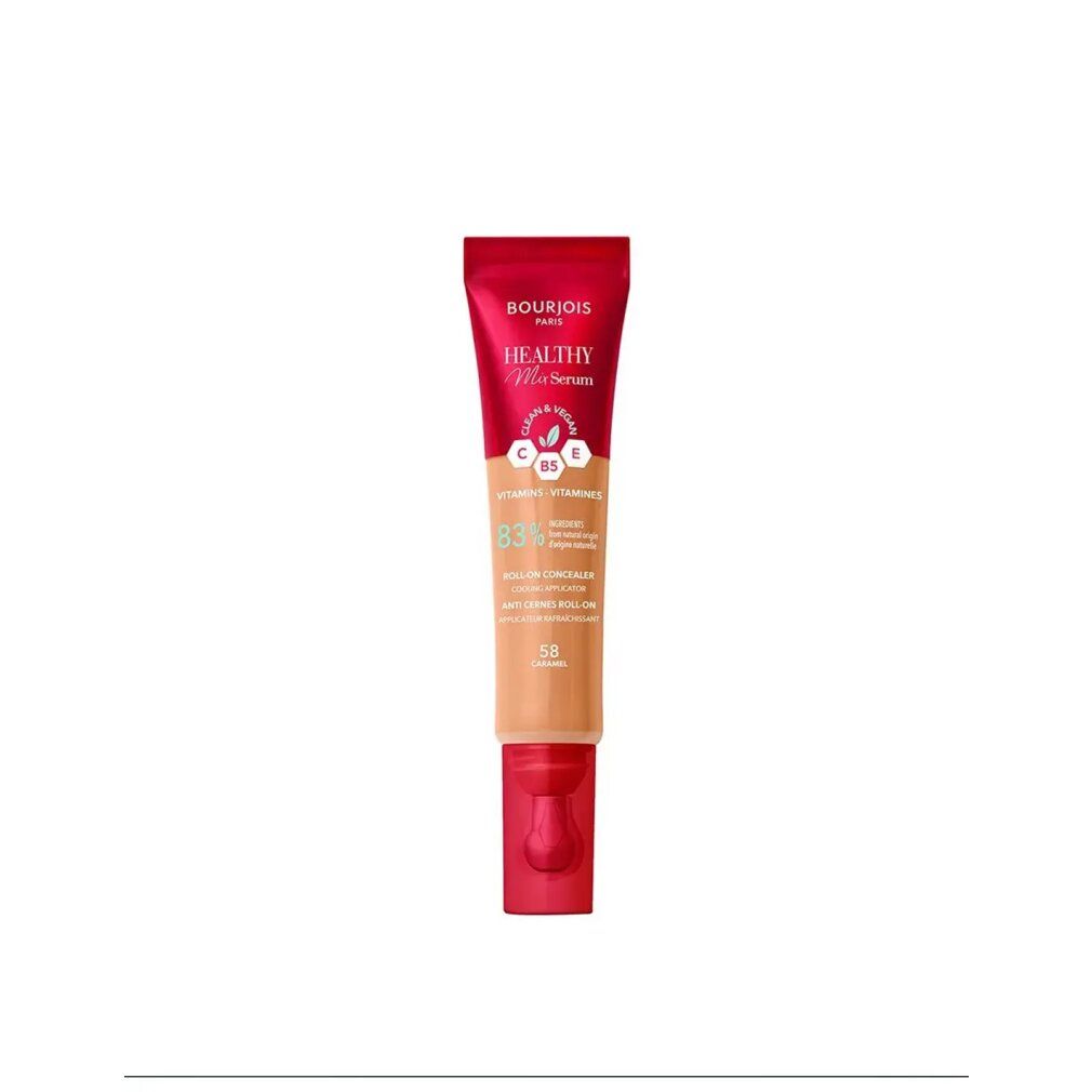 Rote Tube mit flüssigem Abdeckstift. Aufschrift: Bourjois Paris, Healthy Mix Serum. Farbton 58-Karamell. Mit Roll-on Applikator.
