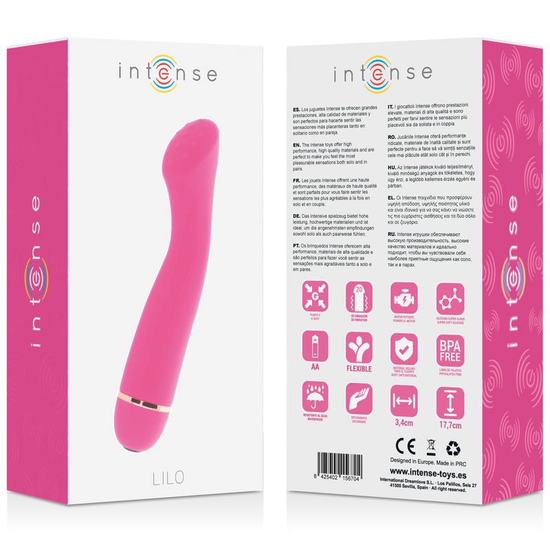 Verpackung und pinker Lilo Vibrator mit goldfarbenem Ring und Noppen.