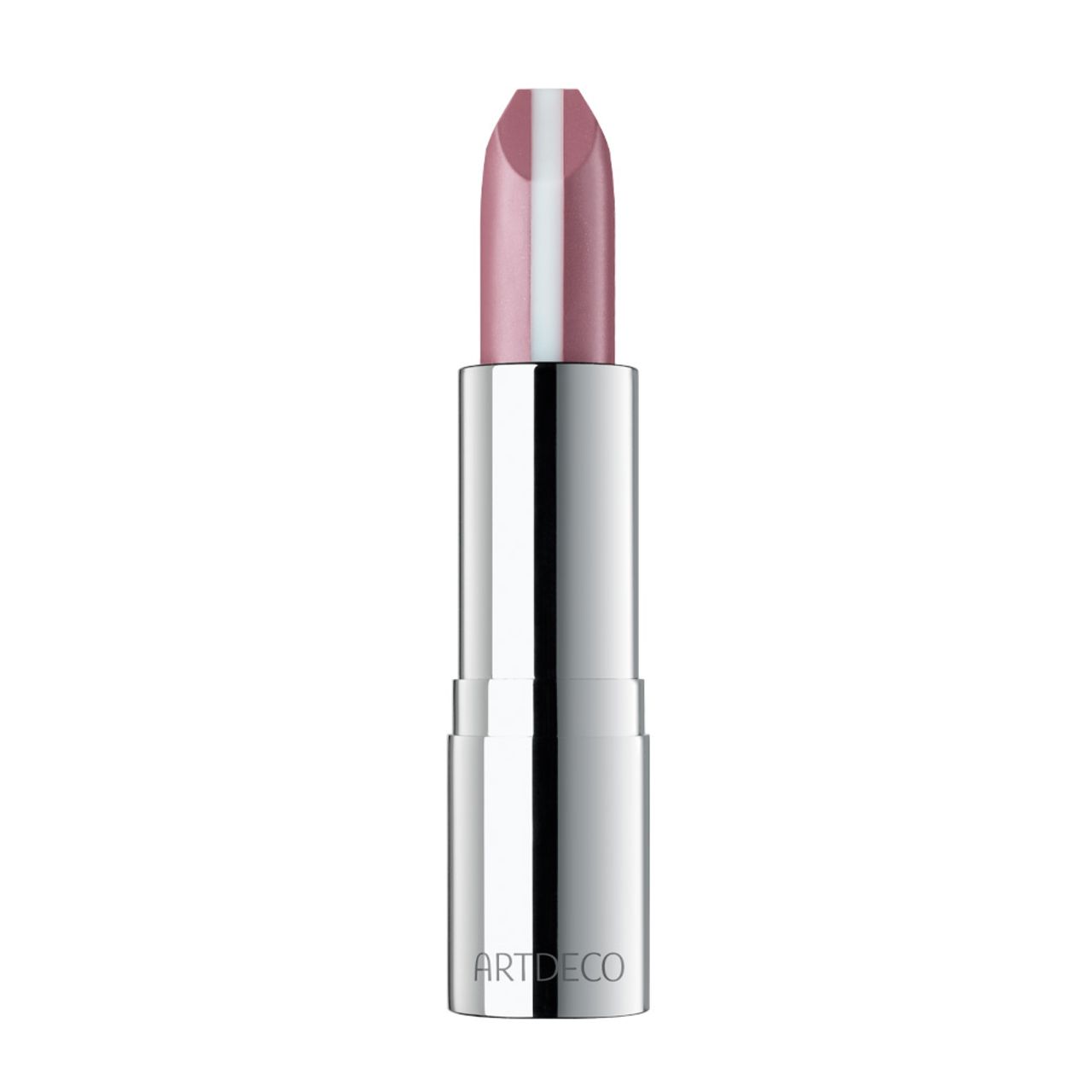 Lippenstift mit silberfarbener Hülse. Der Lippenstift hat eine rosa Farbe mit einem weißen Streifen in der Mitte. Der Schriftzug ARTDECO ist sichtbar.