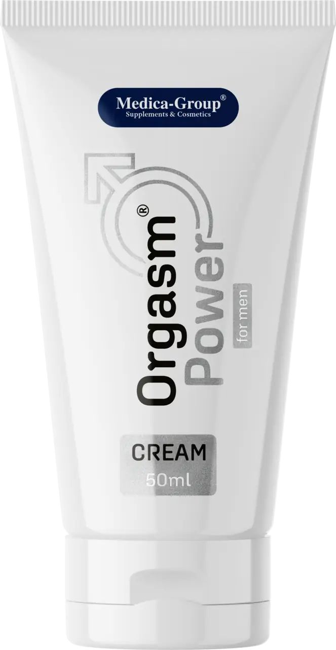Weiße Tube mit Logo und Produktbezeichnung. Text: Orgasm Power for men Creme, 50ml. Medica-Group Logo.