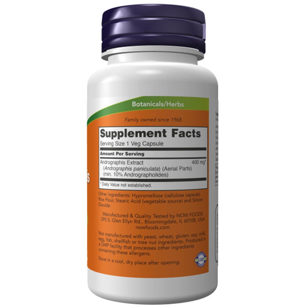 Rückseite der Flasche mit orangefarbenem Etikett. Aufschrift: Supplement Facts, Andrographis Extract, 400 mg. Hersteller: NOW Foods.