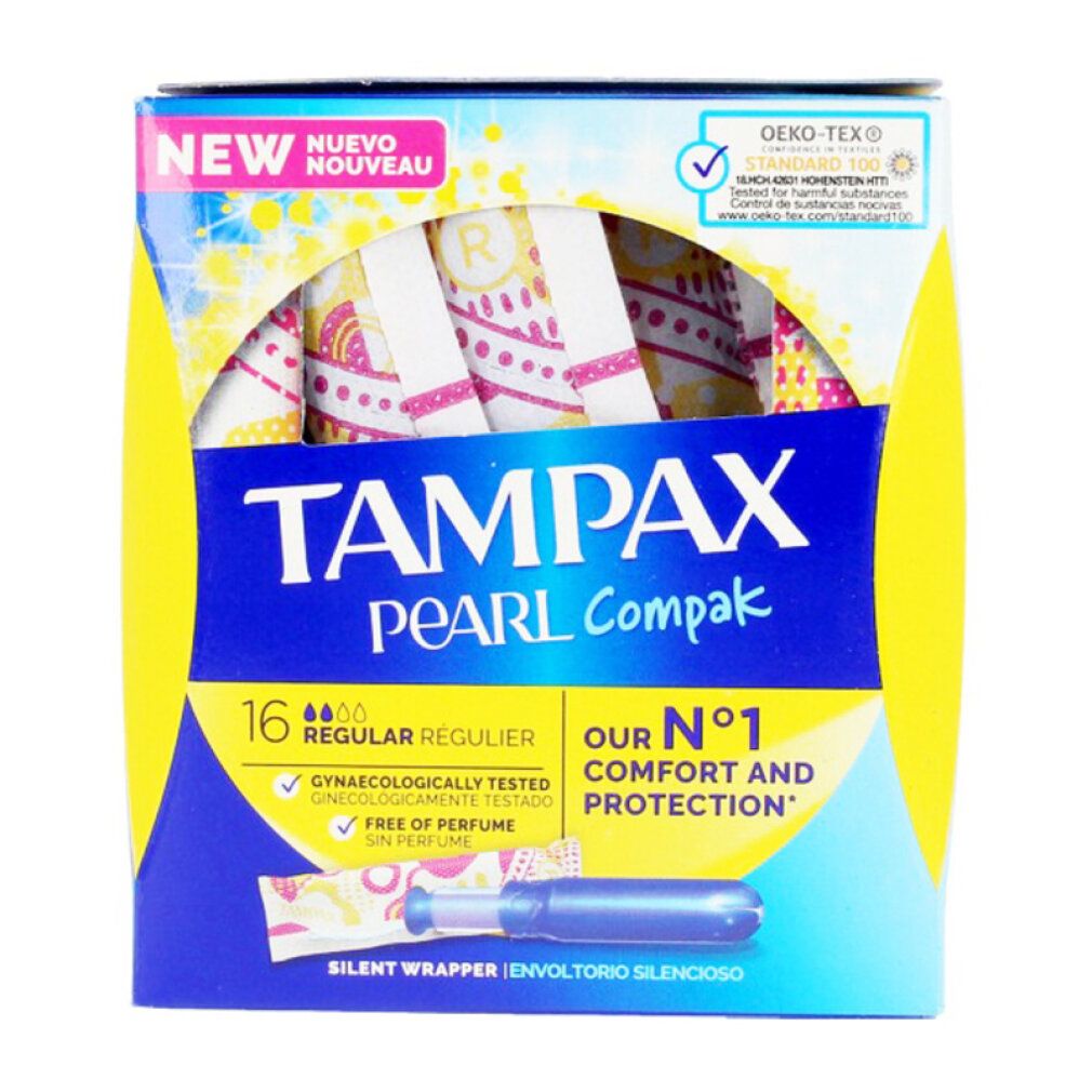 Verpackung mit Tampons. Marke: Tampax Pearl Compak. 16 Stück, Regular. Mit Oeko-Tex-Zertifizierung. Gynaekologisch getestet.