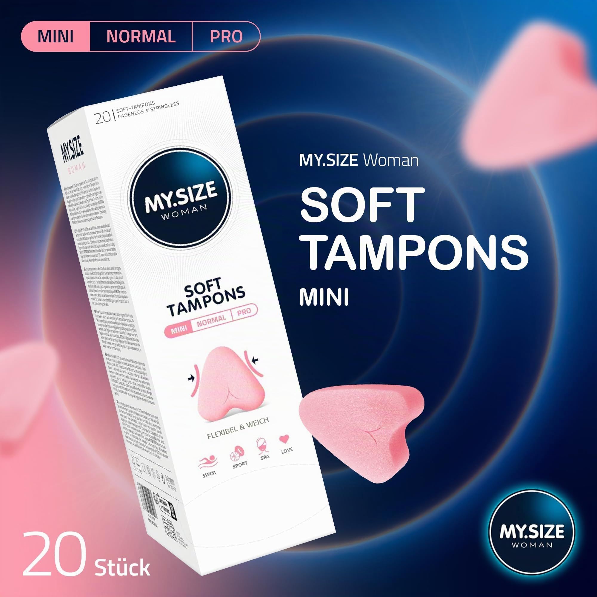 Verpackung mit 20 MY.SIZE Woman Soft Tampons, Größe Mini.