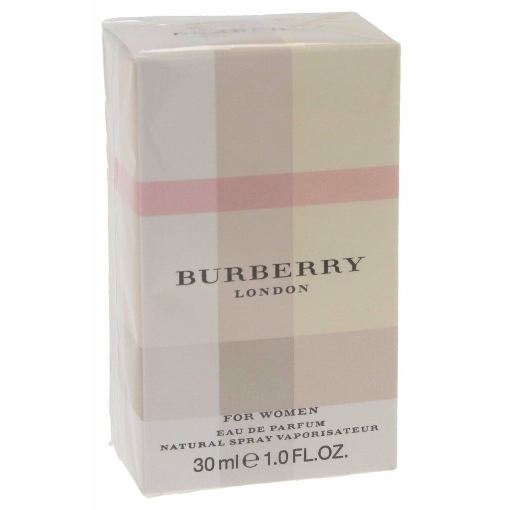 Burberry London for Her Eau De Parfum Spray in Verpackung. Beige-rosa Karomuster. Text: Burberry London, For Women, 30 ml.