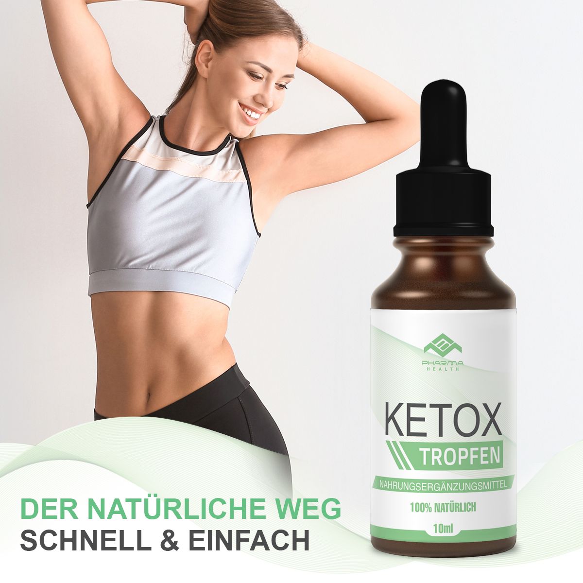 Frau mit schlanker Figur neben einer braunen Flasche mit schwarzem Tropfer. Auf dem Etikett steht "Ketox Tropfen".