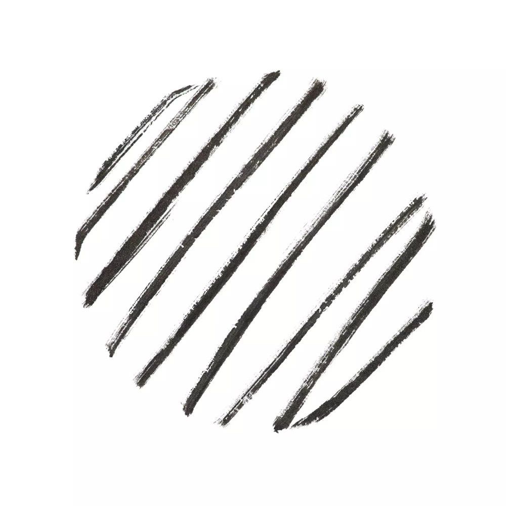Kreisförmige Anordnung von schwarzen Eyeliner-Strichen auf weißem Hintergrund.