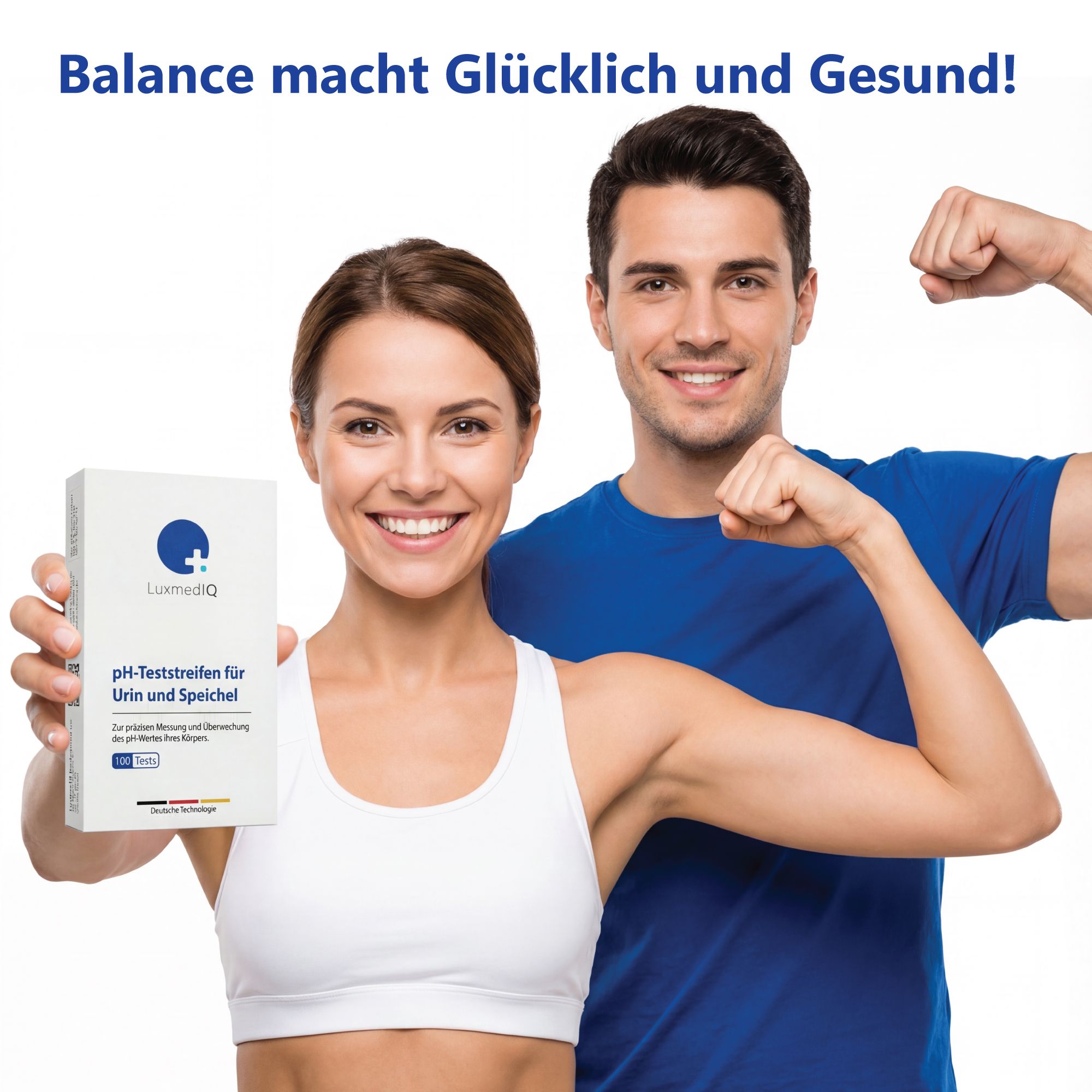 Paar hält Schachtel mit pH-Teststreifen. Logo LuxmedIQ. Text: pH-Teststreifen für Urin und Speichel. Balance macht glücklich und gesund!