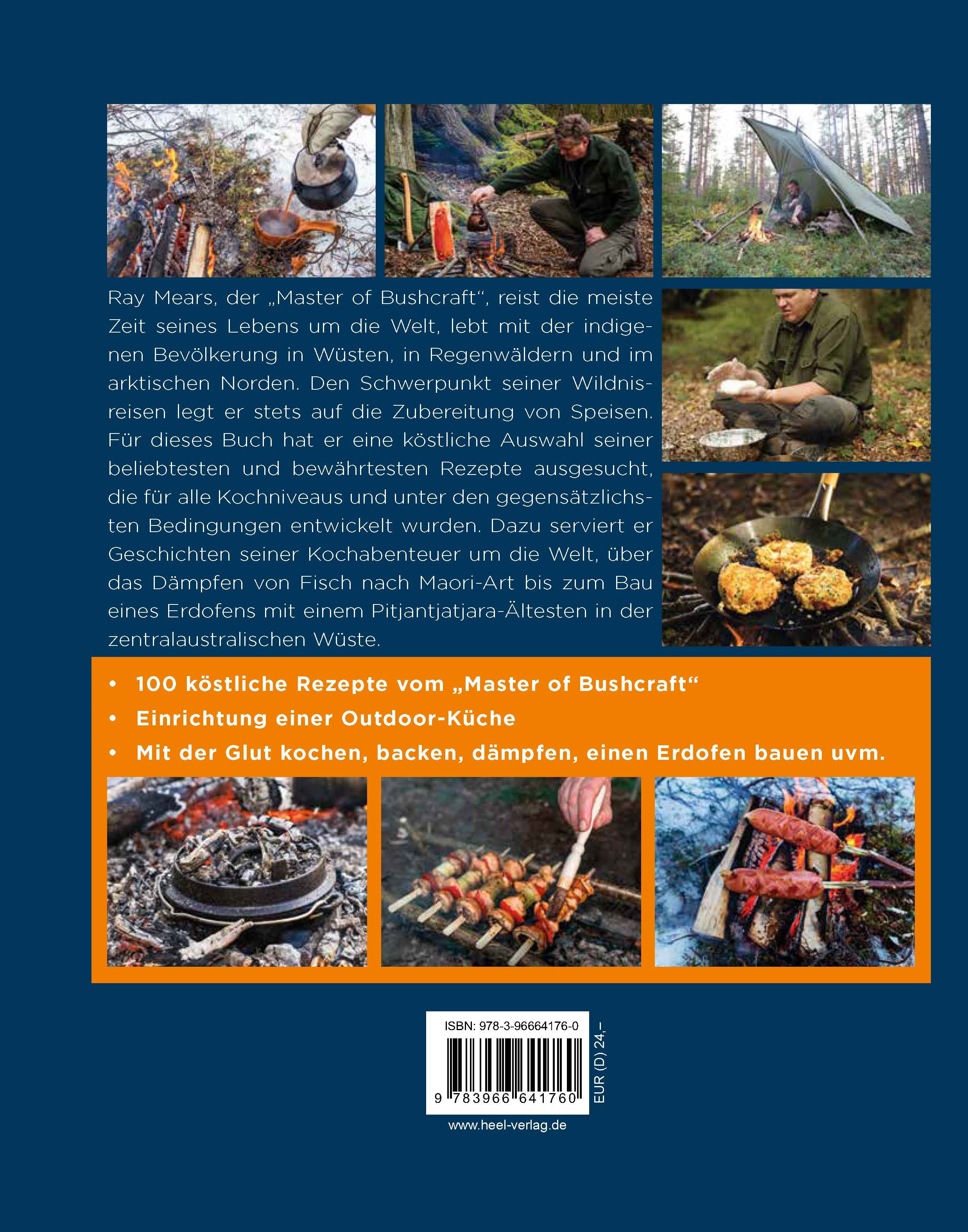 Buchrückseite: Koch draußen! Text und Bilder von Kochszenen im Freien. ISBN und Verlagslogo.