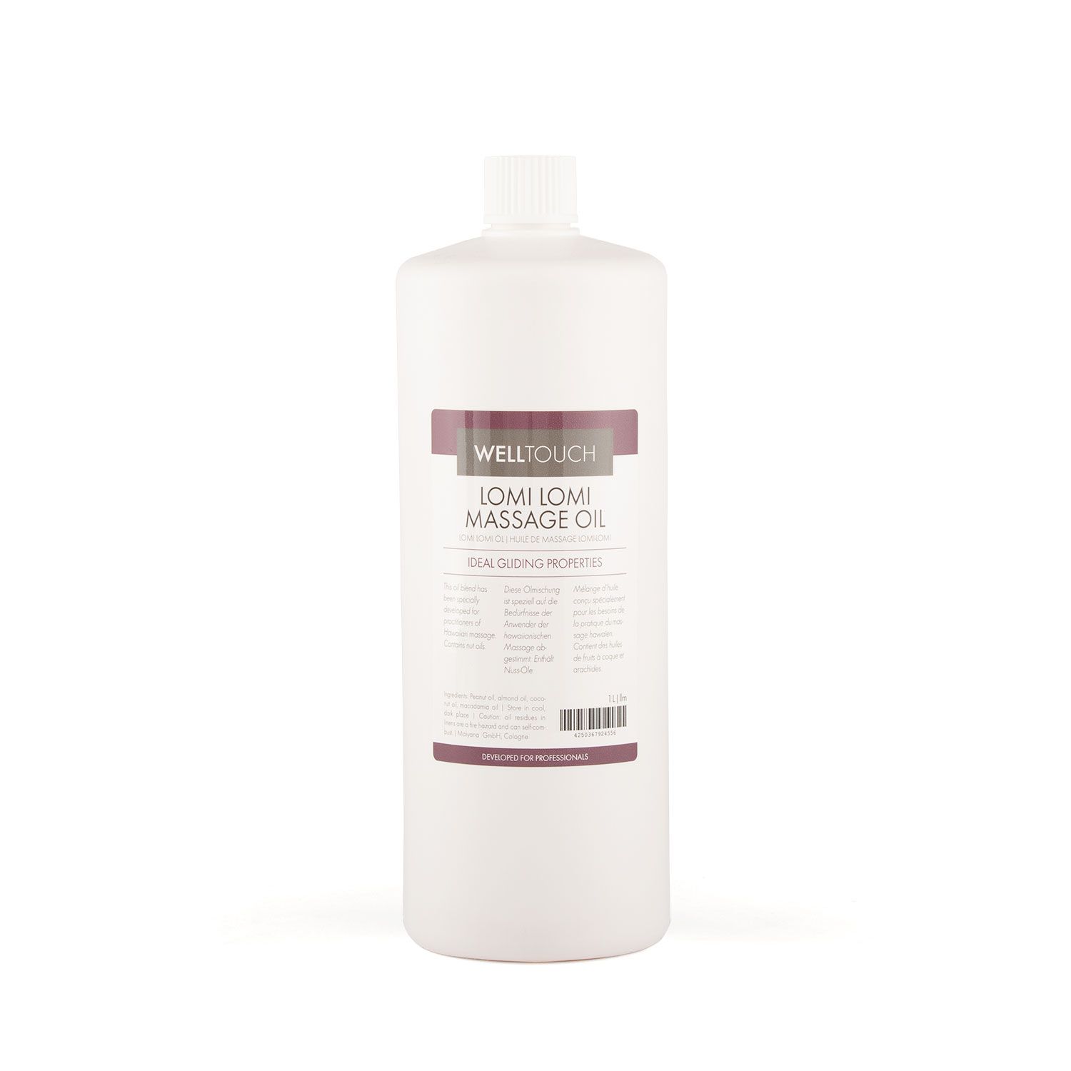 Weiße Flasche mit Etikett. Aufschrift: Welltouch Lomi Lomi Massage Oil.