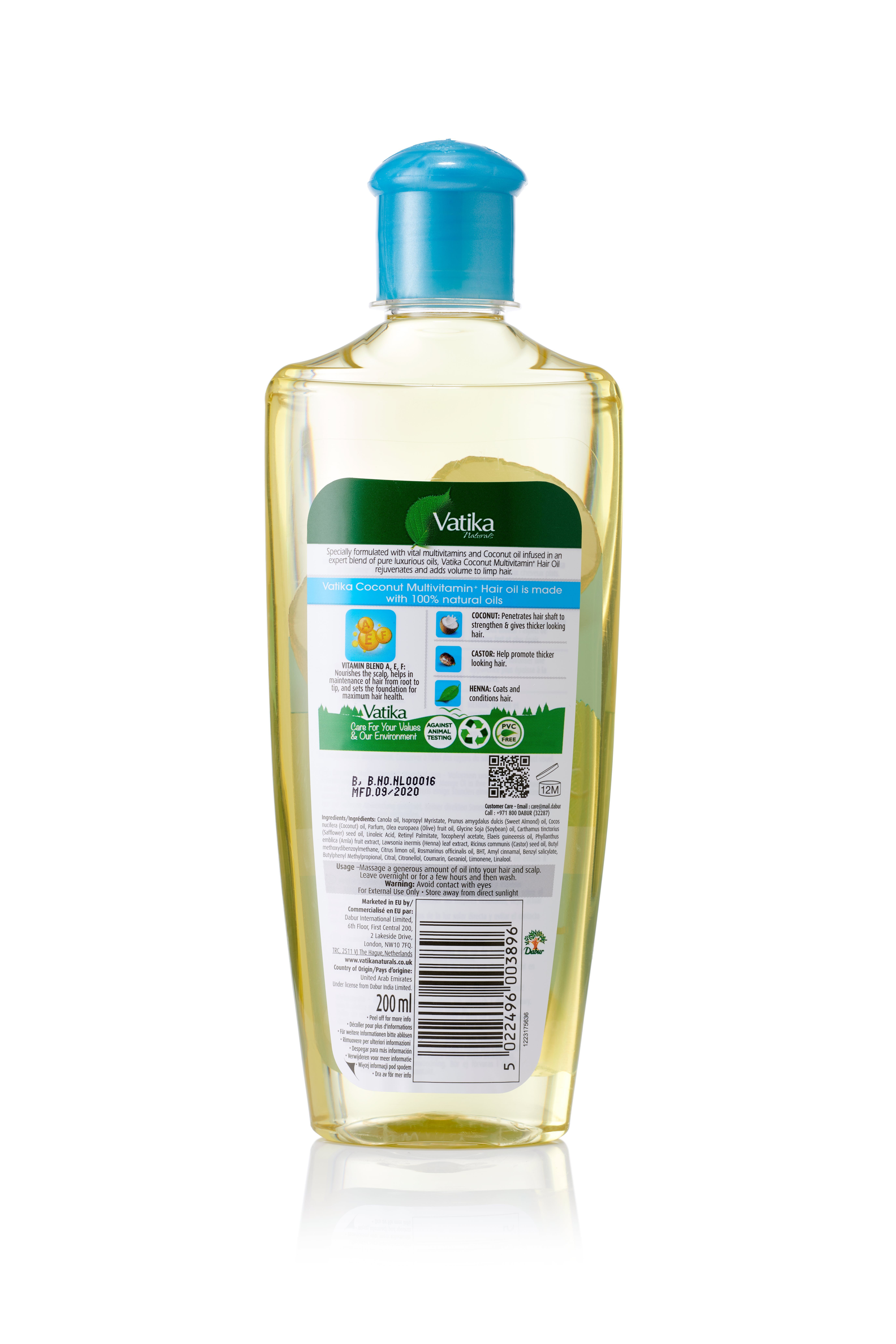 Rückseite der Vatika Naturals Haaröl-Flasche. Aufschrift und Logos. Enthält Informationen über Inhaltsstoffe und Hersteller. 200 ml.