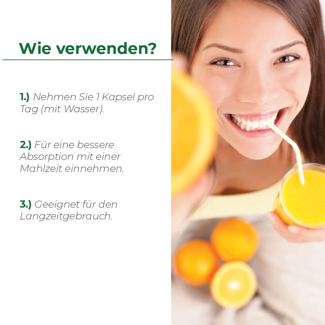 Frau trinkt Saft mit Strohhalm. Orangen und Text: 1 Kapsel pro Tag, mit Wasser. Für bessere Absorption mit Mahlzeit.