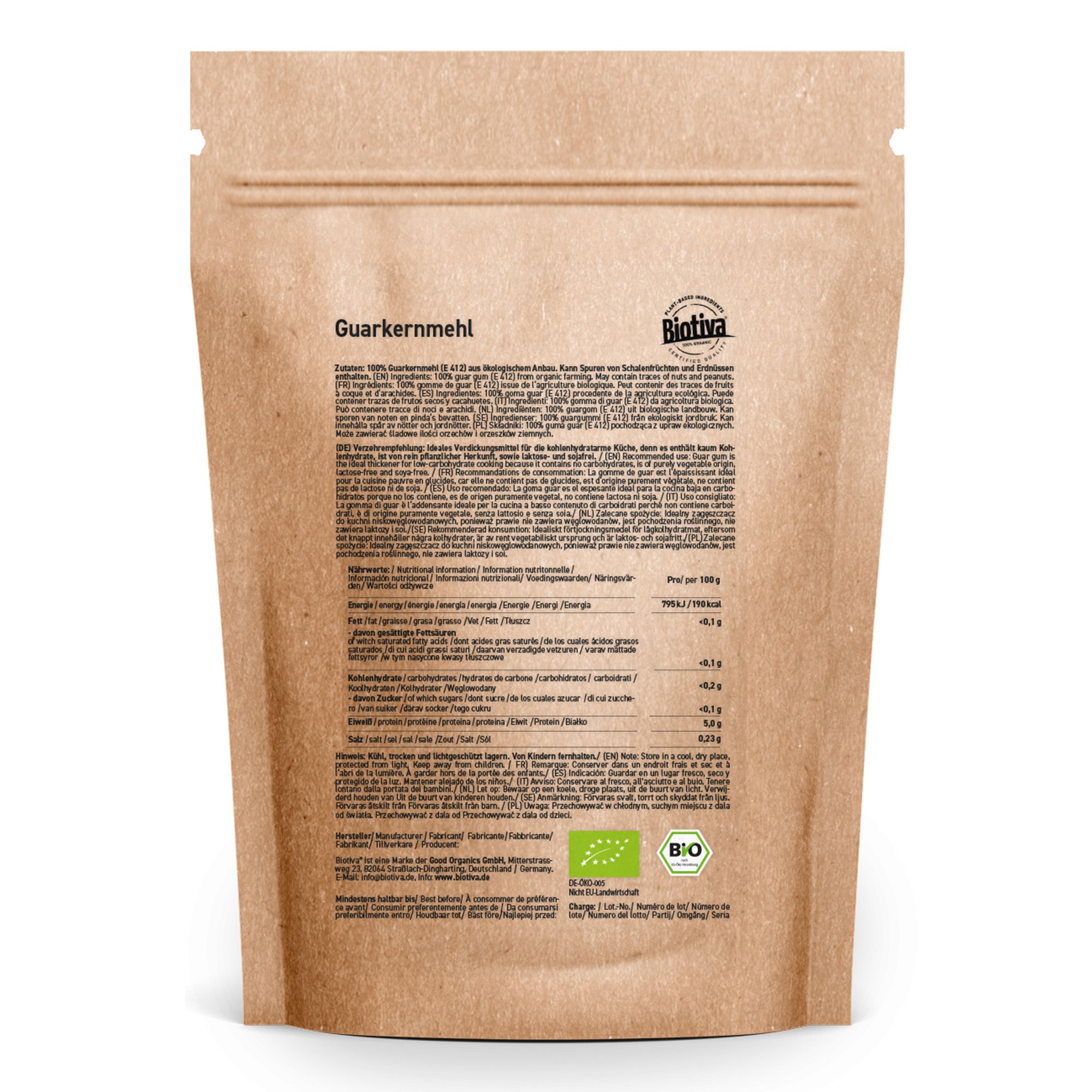 Braune Papiertüte mit Aufdruck "Guarkernmehl" und "Biotiva" Logo. Rückseite mit Text und Nährwertangaben. Bio-Siegel.