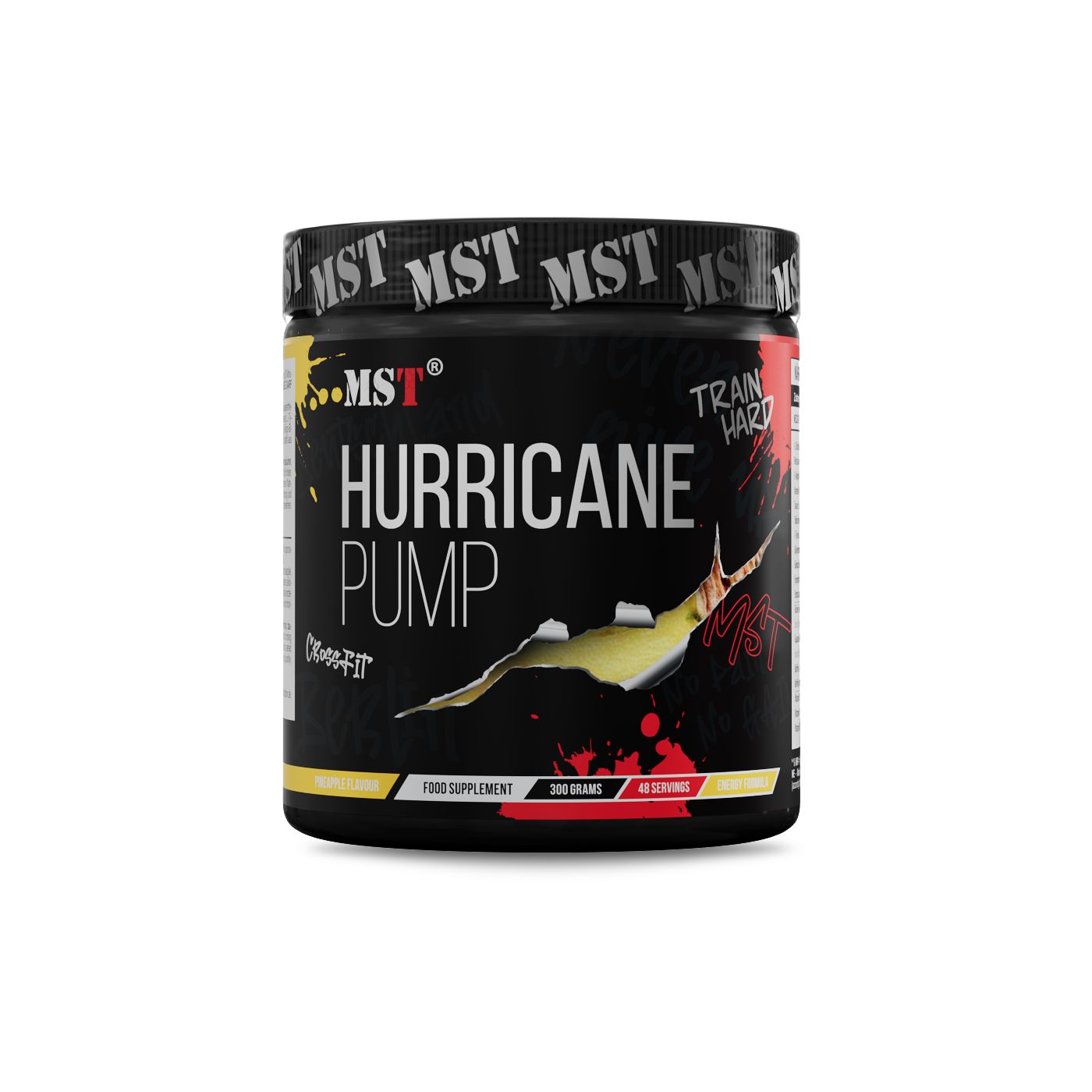 Vorderansicht eines MST Hurricane Pump Behälters mit der Aufschrift 'Train Hard'.