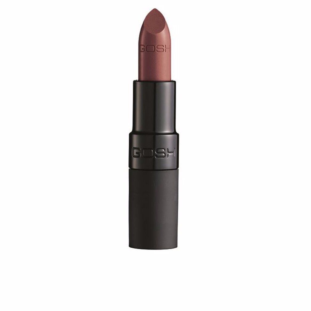 Lippenstift mit schwarzem Gehäuse. Der Lippenstift hat eine matte, rosabraune Farbe. Der Markenname GOSH ist auf dem Gehäuse sichtbar.