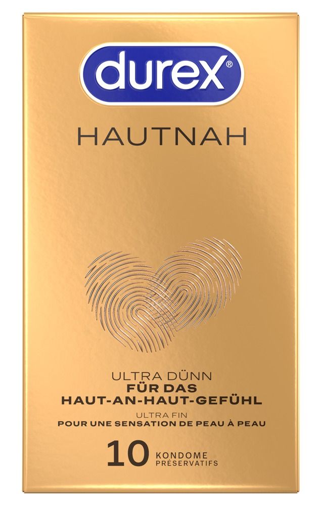 Durex Hautnah Kondompackung, goldfarben, mit Fingerabdruck-Herz und "Ultra Dünn" Aufdruck.