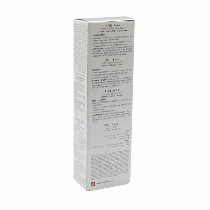 Schachtel mit Text. R[II] Eyes, Augenpflege, Text in Deutsch, Französisch, Italienisch, Englisch. Swiss Made.
