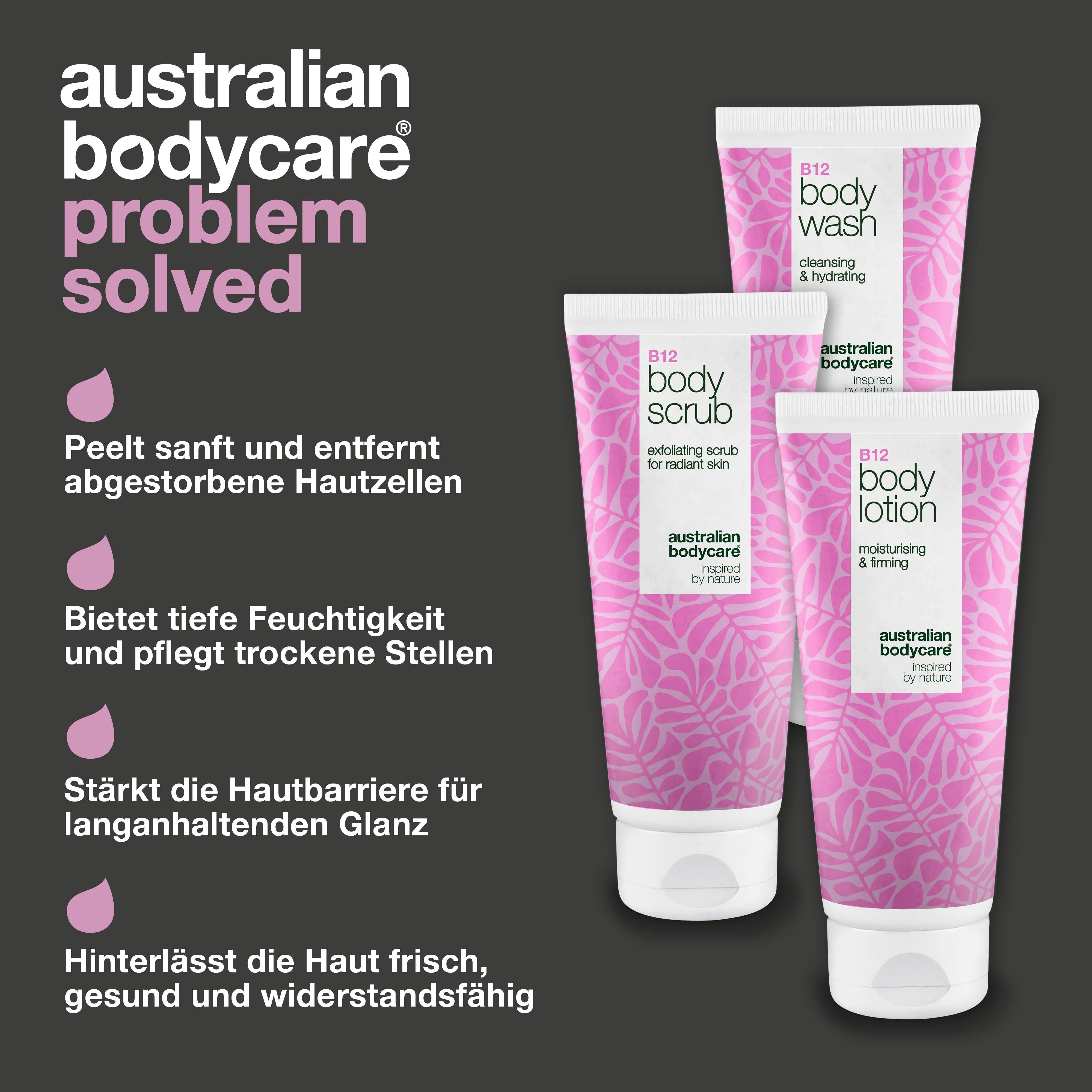 Australian Bodycare: Problem gelöst. B12 Produkte. Body Wash, Scrub, Lotion. Rosa Design. Text und Tropfen.