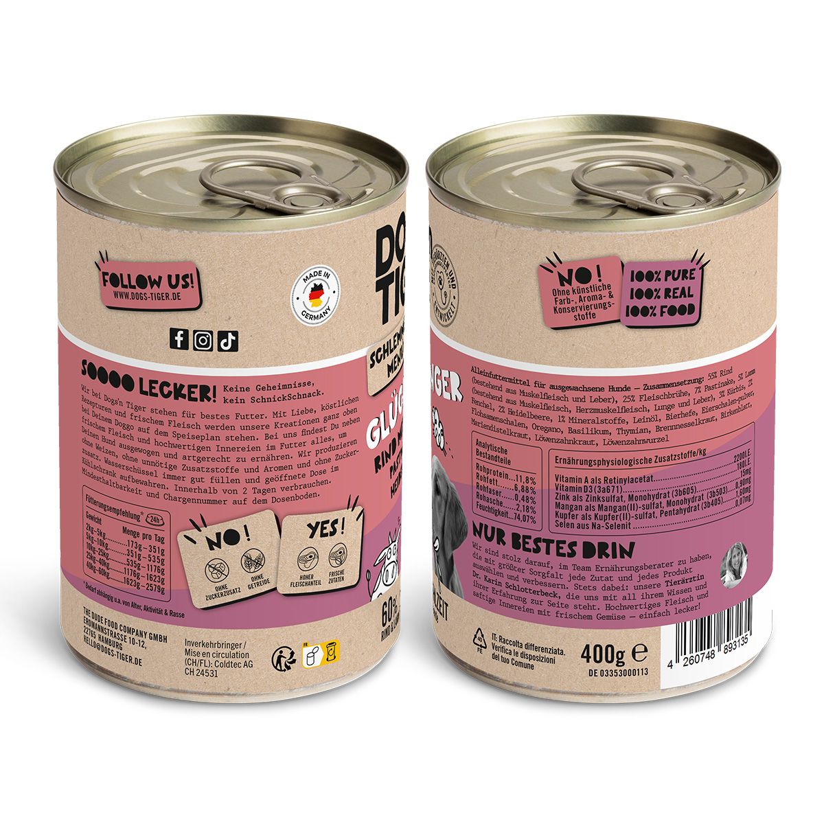 Zwei Dosen Hundefutter. Aufschrift: DOGS'N TIGER, Glücksbringer, Rind mit Lamm, Pastinake & Heidelbeere. 60% Fleischmahlzeit. Rückseite mit Nährwertangaben.