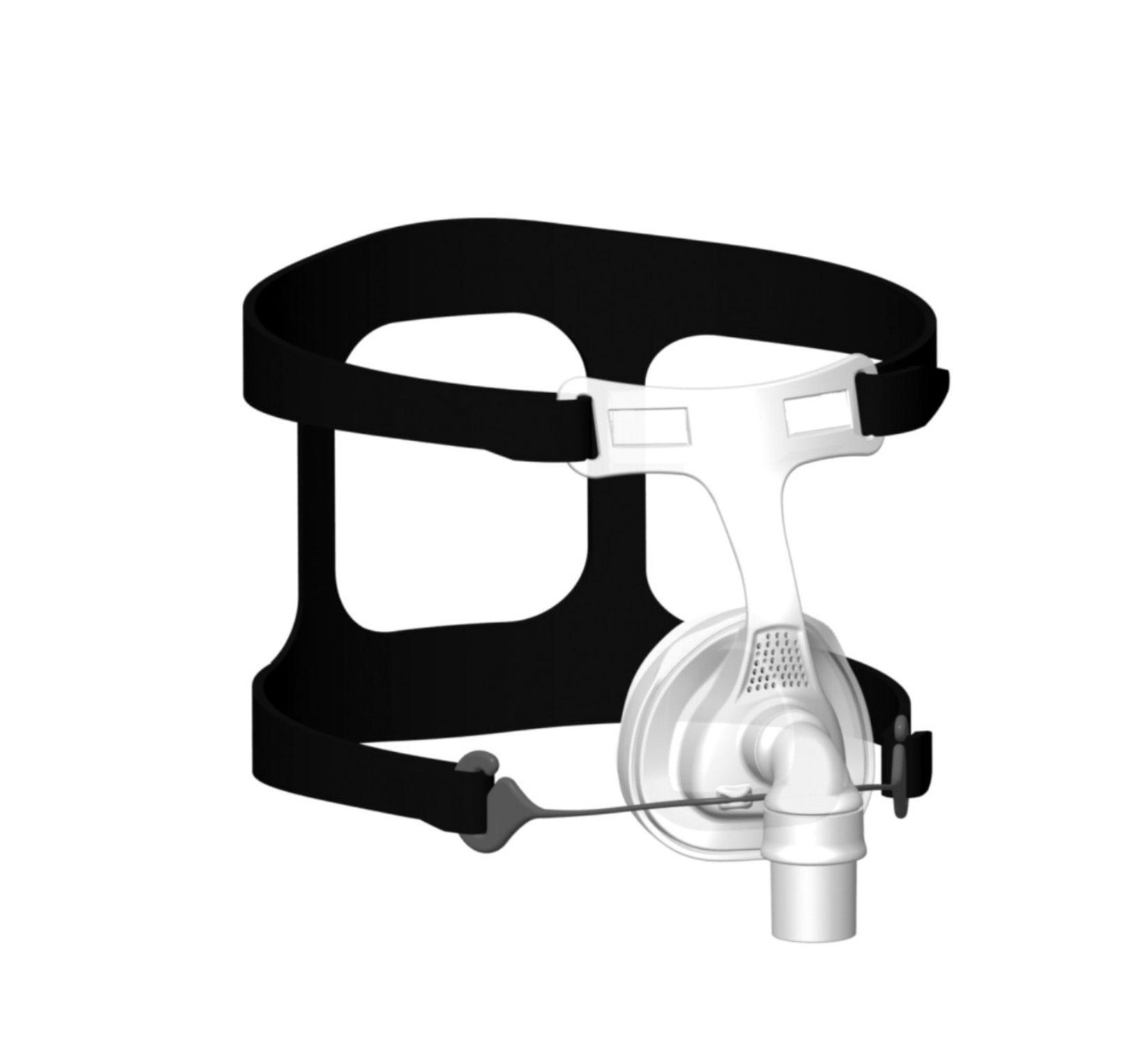 Weiße CPAP-Nasenmaske mit schwarzem Kopfband und transparentem Schlauchanschluss.