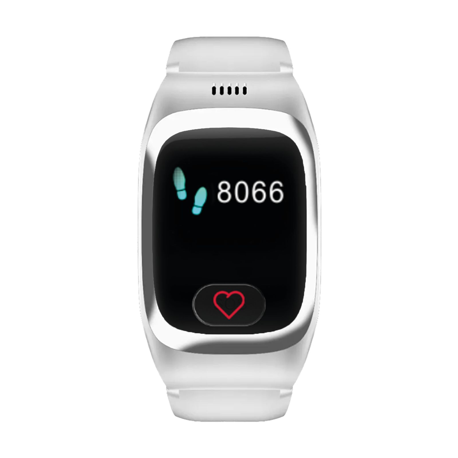 Weiße Smartwatch mit Herzfrequenzsensor. Display zeigt Schritte und SOS-Taste.