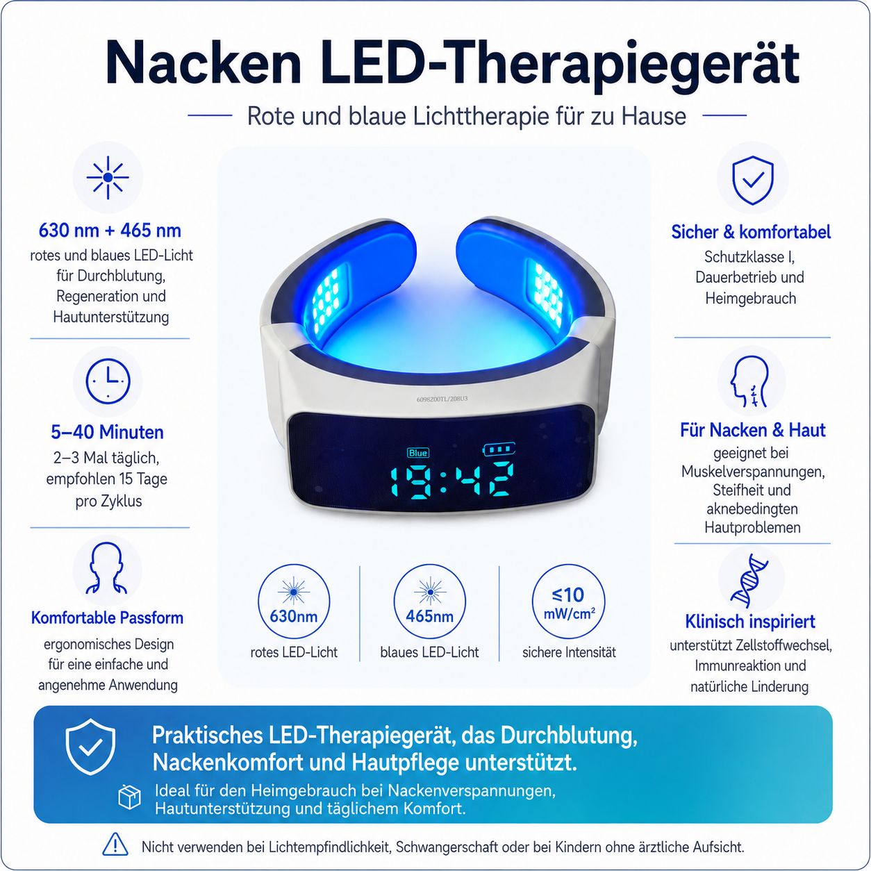 Nacken-LED-Therapiegerät mit blauen Lichtern, digitaler Zeitanzeige und Produktinformationen.