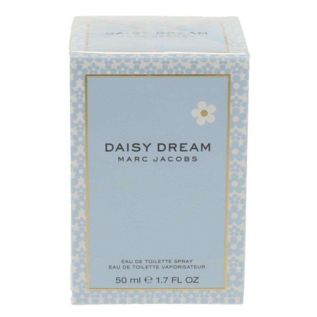 Hellblaue Schachtel mit Aufschrift: DAISY DREAM MARC JACOBS. Weiße Blüte. Text: Eau de Toilette Spray, 50 ml.