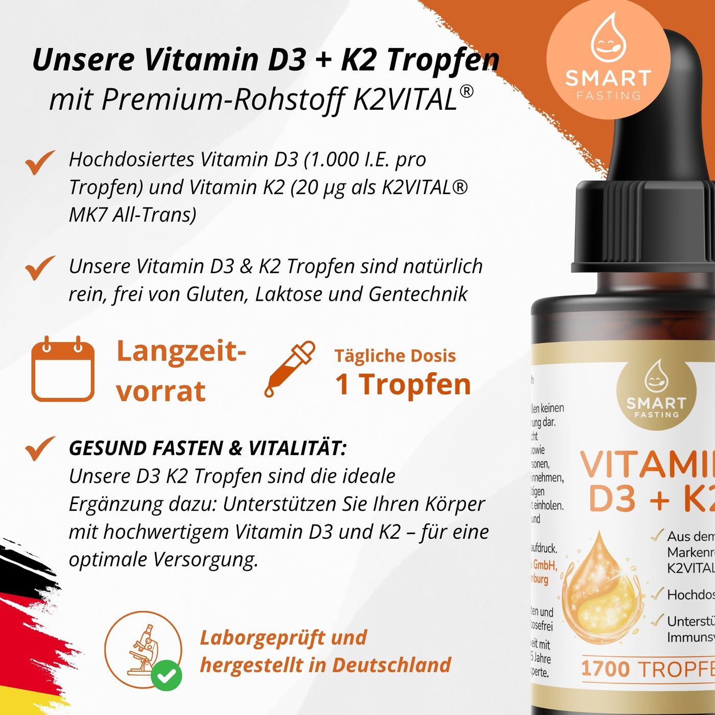 Smart Fasting® Vitamin D3 K2 - 1000I.E. Vit D & 20µg Vit K2/Tropfen - K2VITAL® 99,7% all-trans