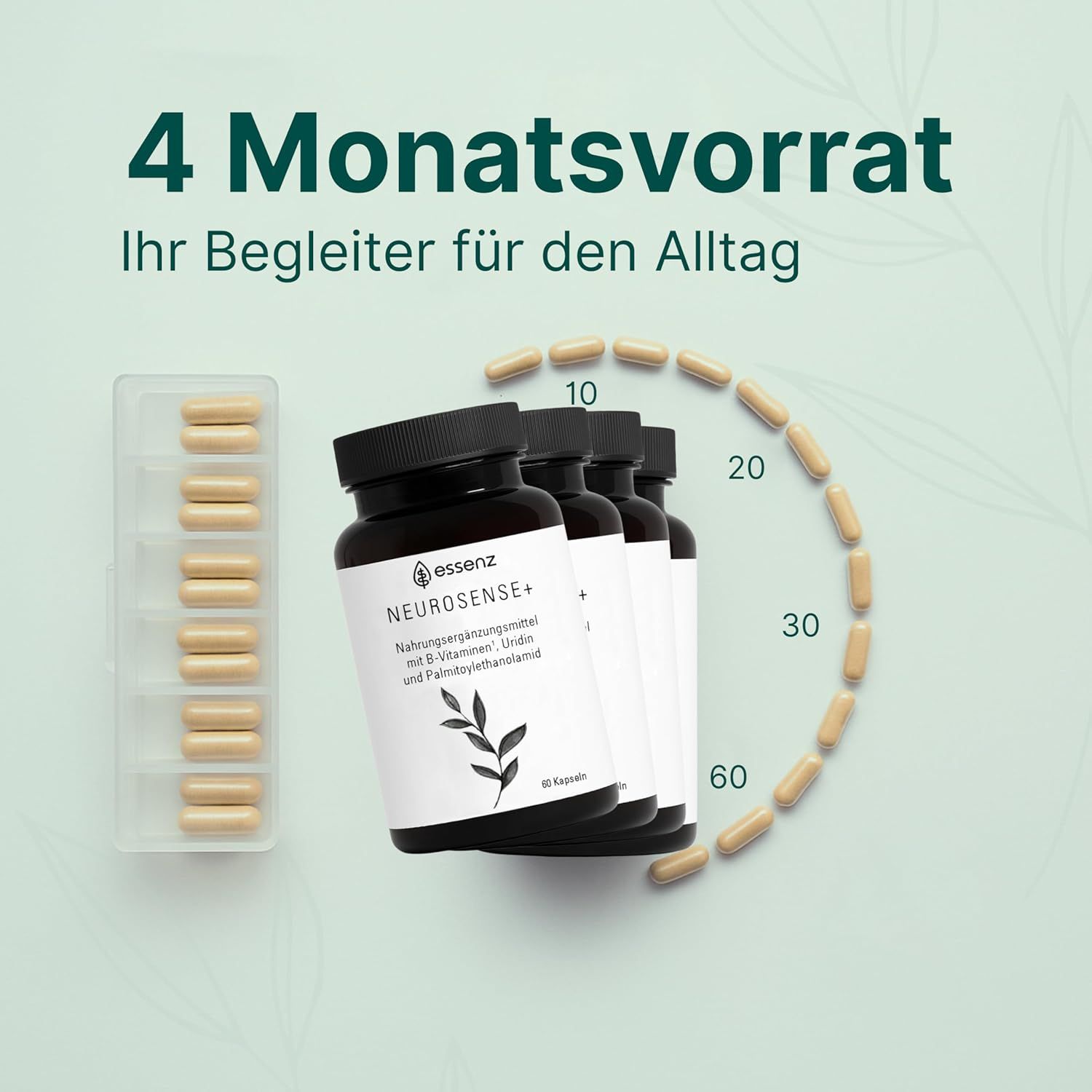 Drei Flaschen ESSENZ Neurosense+ Kapseln. Eine Packung mit Kapseln. Text: 4 Monatsvorrat. Ihr Begleiter für den Alltag. 60 Kapseln.