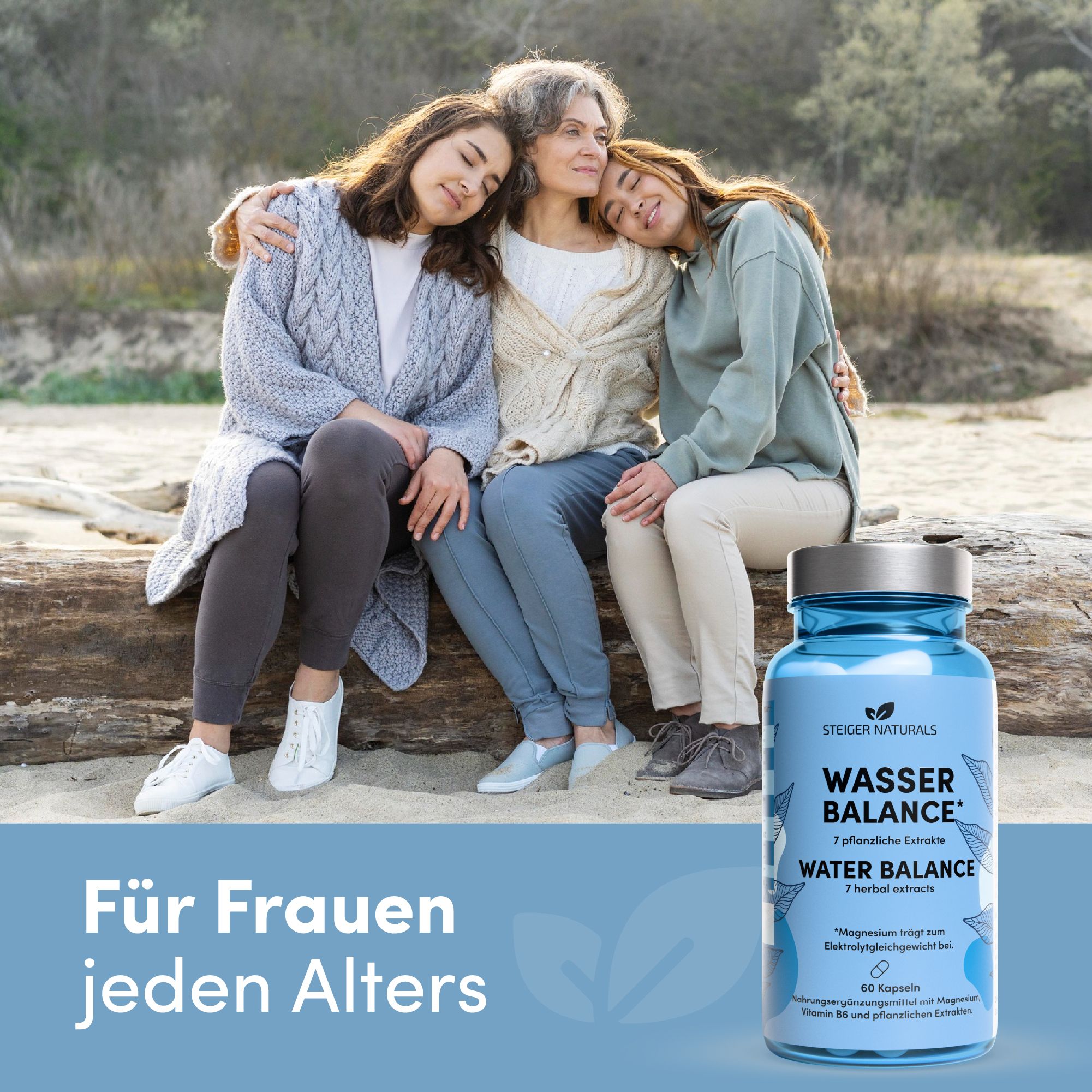 Drei Frauen umarmen sich, neben einer blauen Flasche mit Kapseln. Aufschrift: Wasser Balance, 7 pflanzliche Extrakte. 60 Kapseln.