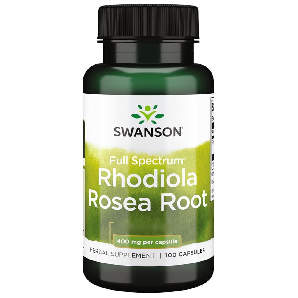 Grüne Flasche mit weißem Etikett. Aufschrift: SWANSON Rhodiola Rosea Root, 400 mg pro Kapsel, 100 Kapseln.