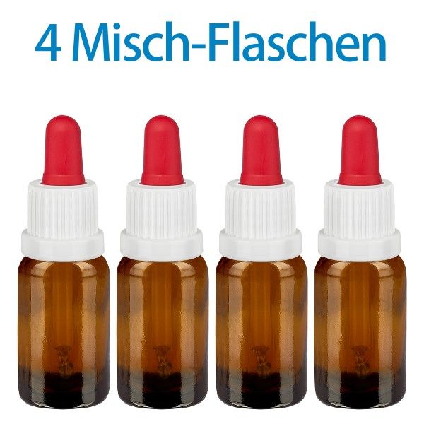 Vier braune Glasflaschen mit roten Pipetten. Weiße Verschlüsse. Aufschrift: 4 Misch-Flaschen.
