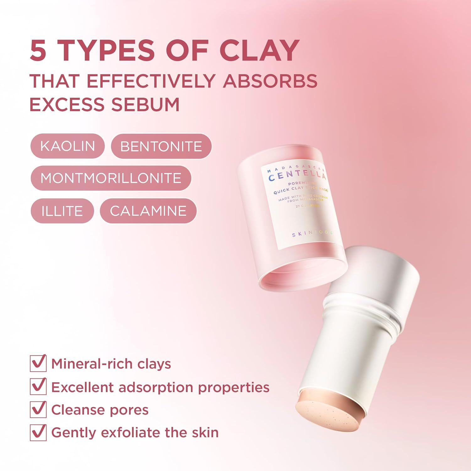 Produktstick und Deckel. 5 Arten von Ton. Text: Kaolin, Bentonit, Montmorillonit, Illit, Calamin.