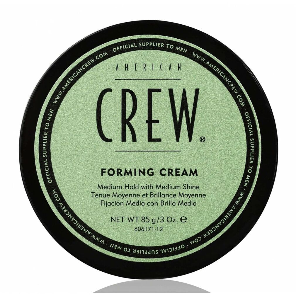 Runde Dose mit grünem Etikett. Schwarzer Deckel mit weißer Schrift: AMERICAN CREW. Produktname: Forming Cream. Nettoinhalt: 85 g/3 Oz.