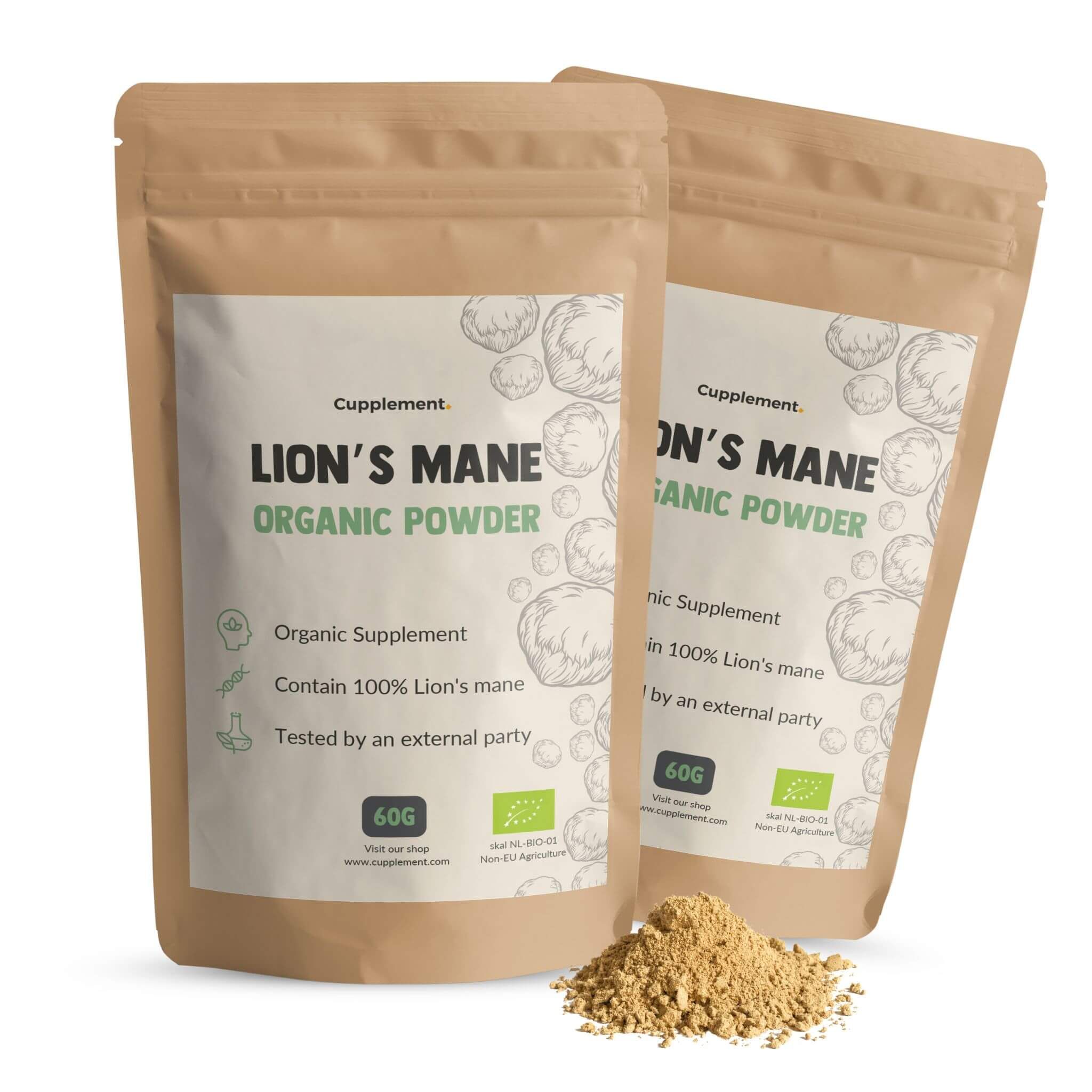 Zwei Beutel mit Löwenmähne-Pulver. Aufschrift: Lion's Mane Organic Powder. 60g. BIO-Siegel.