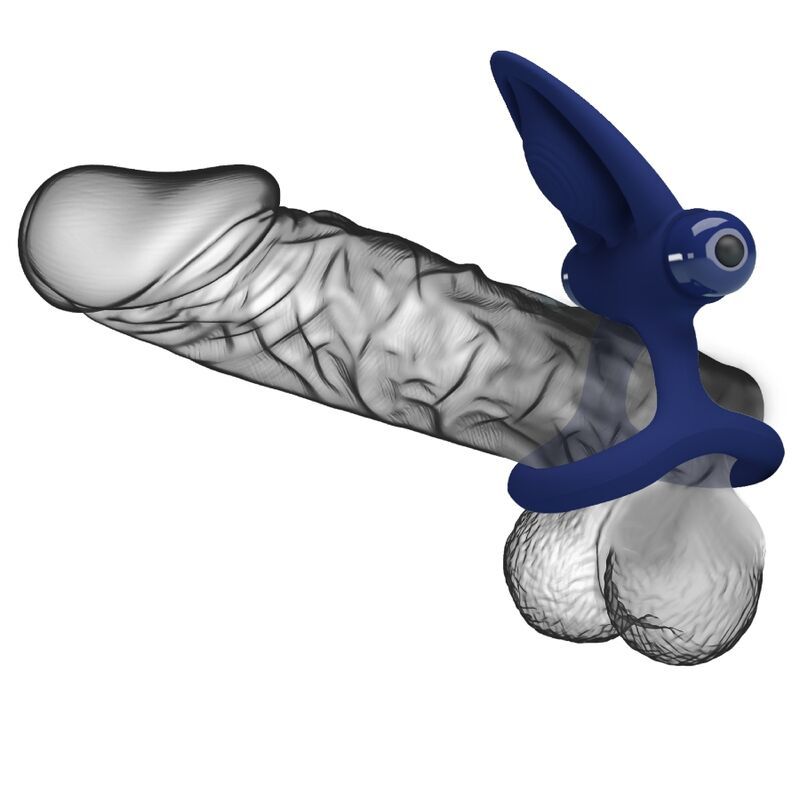 Blauer Doppelring mit Vibrationsfunktion, um einen Penis gelegt. Ringförmige Basis, erhabene Elemente und Vibrationskopf.