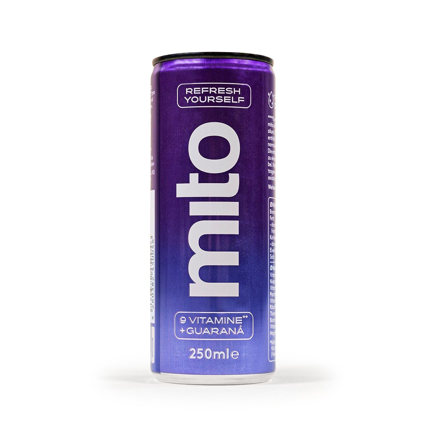 Lila Dose mit weißer Aufschrift 'mito', 250ml, 9 Vitamine + Guarana.