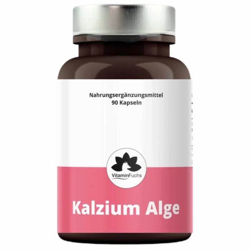 Braune Flasche mit Kapseln. Aufschrift: Kalzium Alge, VitaminFuchs Logo, 90 Kapseln.