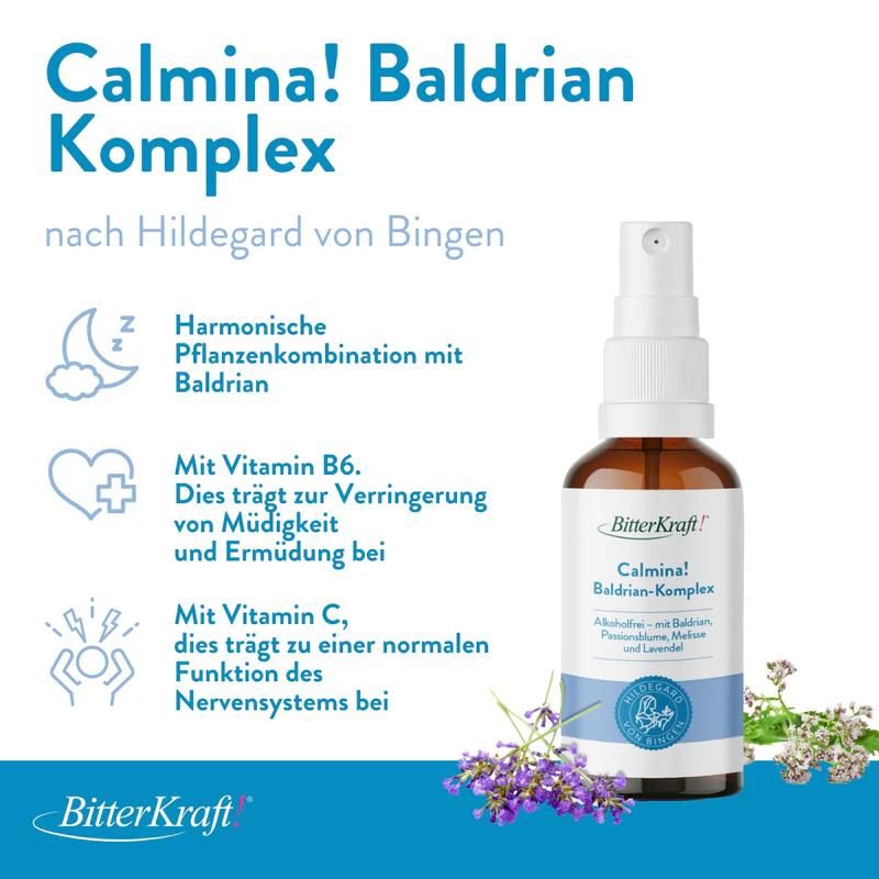 Produkt mit Flasche, Text und Grafiken. Text: Calmina! Baldrian-Komplex, nach Hildegard von Bingen. Enthält Vitamin B6 und C. BitterKraft! Logo.